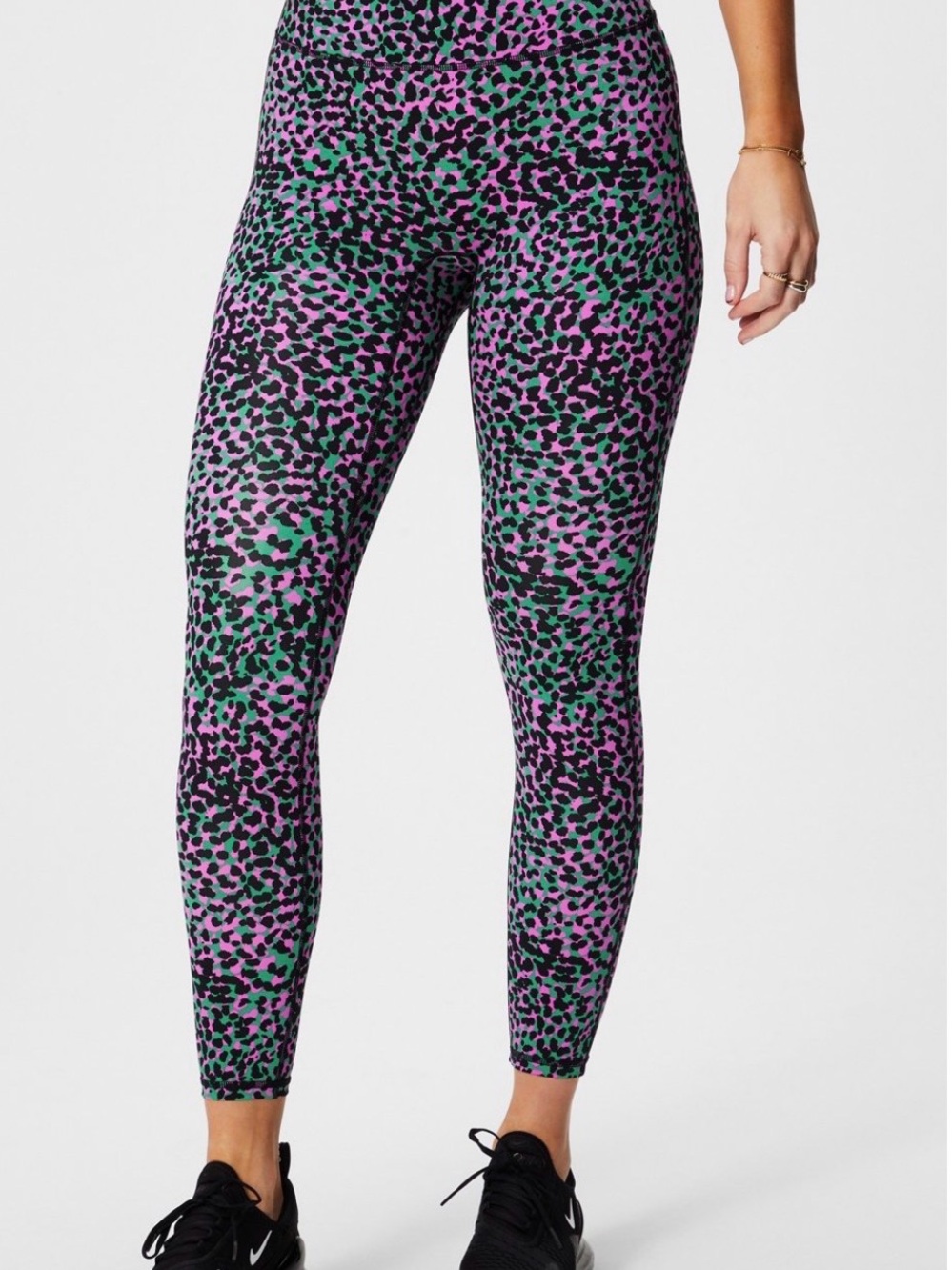 Fabletics Purple Pink and Green Leopard Print High-Rise Leggings